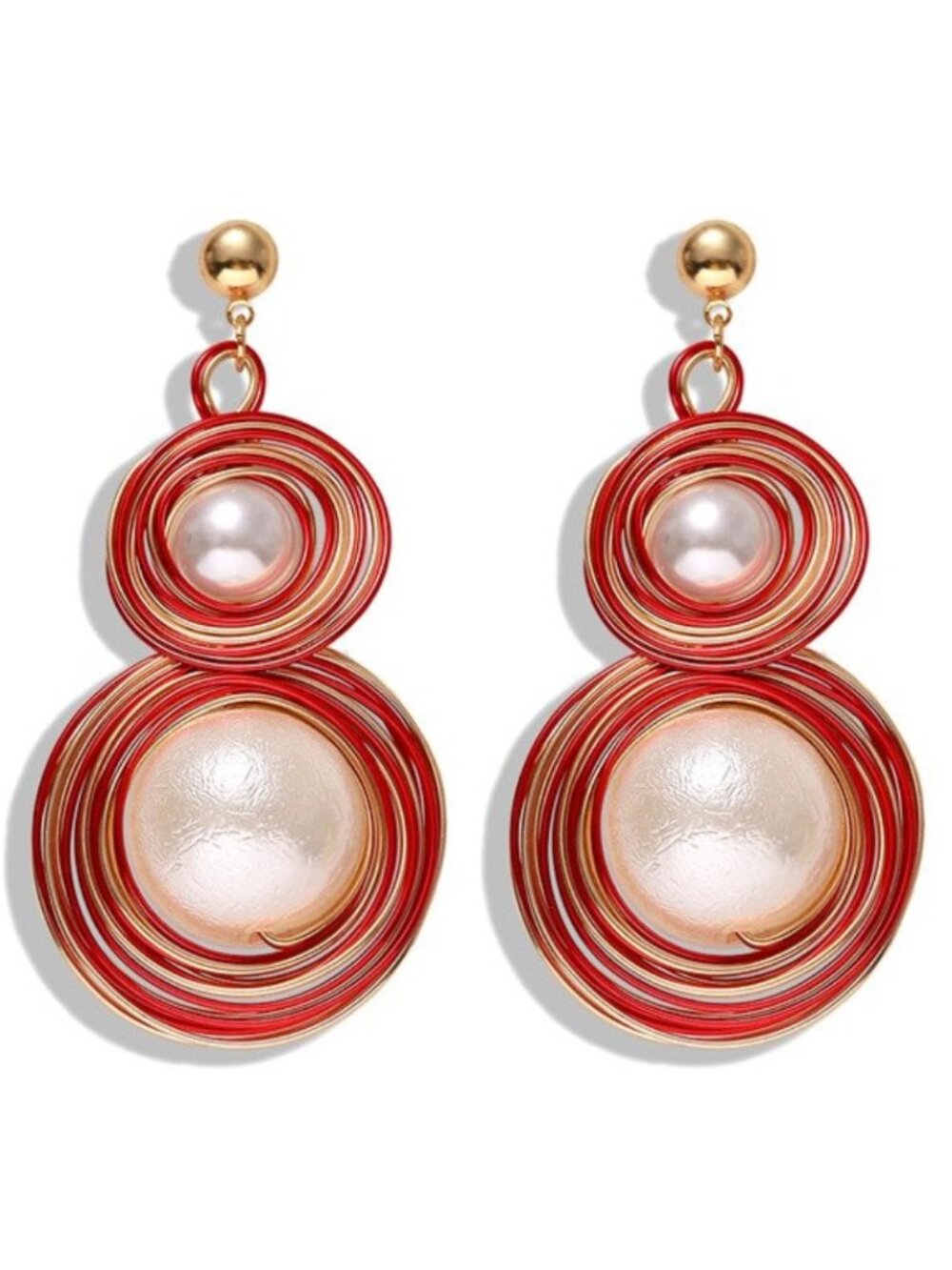 Large Pearl Wire Swirl Yellow Gold Red Contemporary Round Drop Earrings